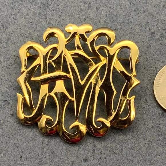 C M Lient Monogram Brooch Pin As Is Scrollwork Gold Shiny Initials - Picture 2 of 6